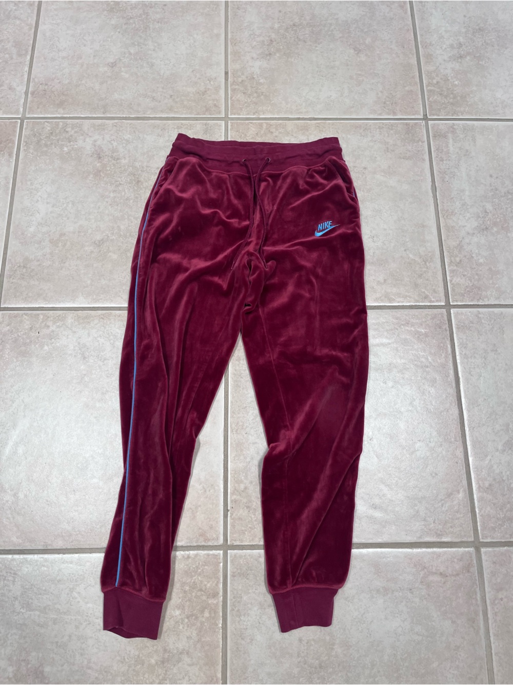 Nike Burgundy Velour Track Joggers with Blue Logo
